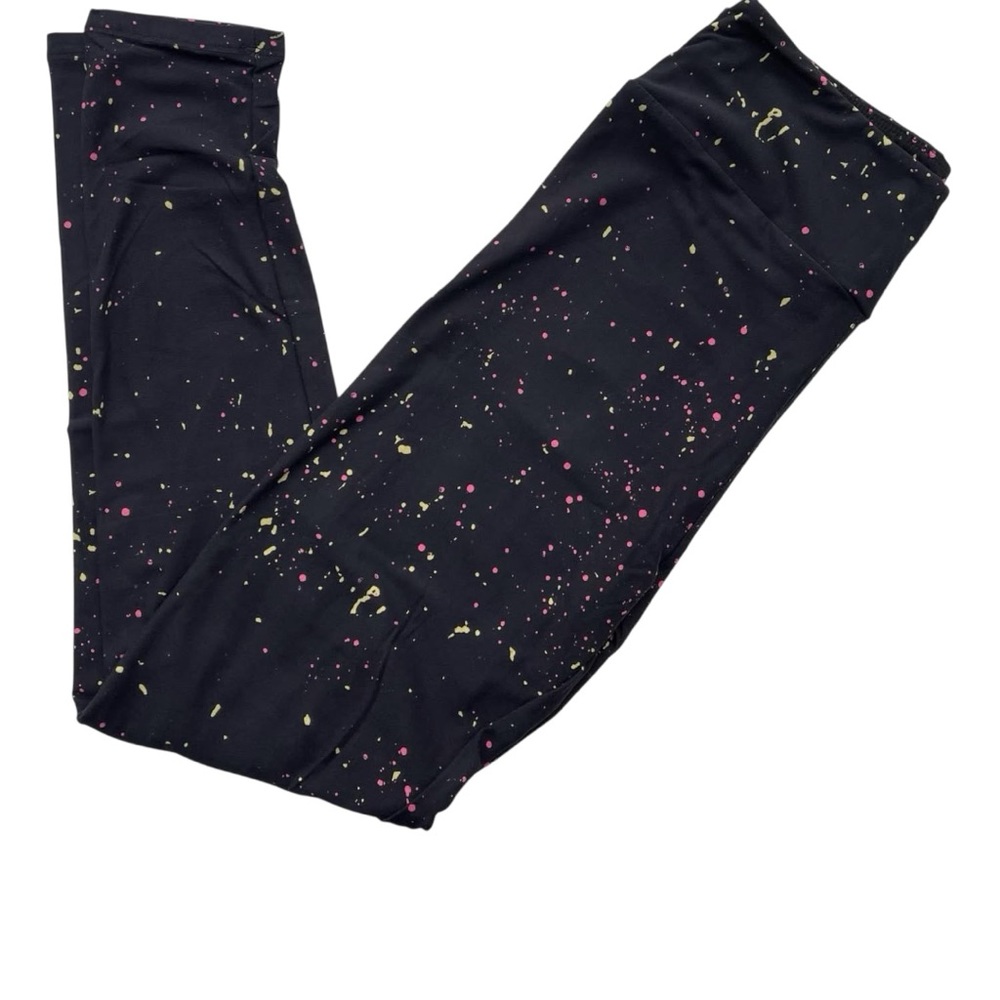 Brand new! LuLaRoe multi splatter design leggings on black background.